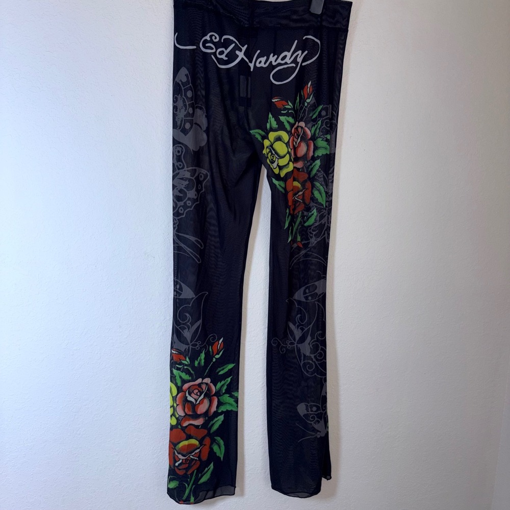 Ed Hardy Mesh Swim Cover Up Pants Large Black NEW Floral Tattoo Print Y2K Flare
